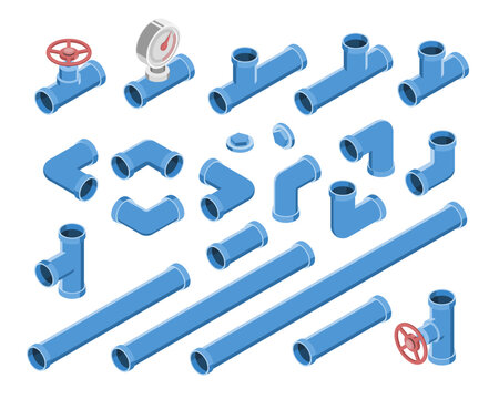 Isometric illustration of various blue plumbing and water pipeline components with valves, gauges and connectors for industrial fluid systems