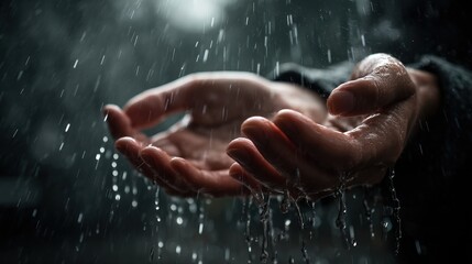 Fototapeta premium Catching raindrops nature realistic photograph outdoor environment close-up view hands