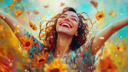 A joyful woman radiating positive energy and happiness, full of vitality and well-being, embodying a vibrant and uplifting scene of pure joy and optimism in everyday life