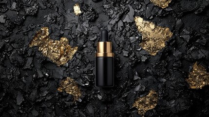 A black and gold bottle with a gold dropper sits on a black and gold textured surface.