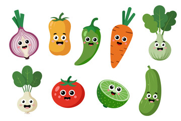 Cute cartoon vegetables including onion, bell pepper, chili, carrot, fennel, turnip, tomato, lime, and cucumber with adorable faces.