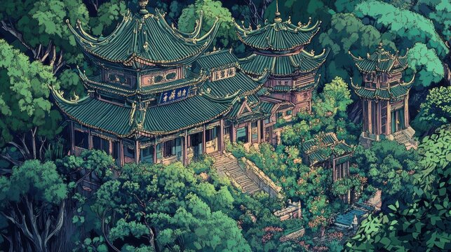 Hidden temple nestled deep within a lush forest.  A serene, ancient-looking structure, with intricate details