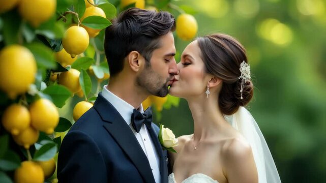 Couple kiss lips near lemon and greenery border.