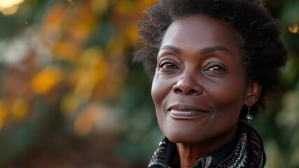 Portrait of a smiling, elegant African American woman outdoors in soft light.