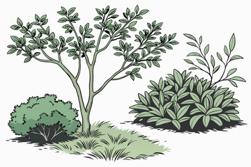 1 Realistic bushes, isolated shrubs, green foliage, various shapes, garden elements, landscaping plants, detailed leaf textures, natural vegetation, white background, botanical illustration, high-reso