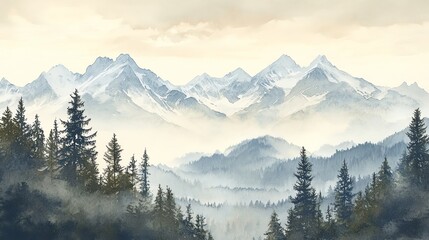 Fototapeta premium Watercolor Painting of Mountain Range with Snow and Forest Trees in Mist