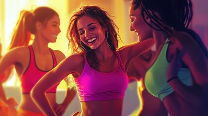 Naklejka premium Women enjoying a joyful dance class. Lifestyle through Zumba with friends.