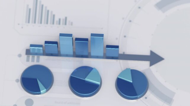 Growing bar graph and pie charts on a digital screen showcasing infographics regarding financial market. 4K resolution animation for data analysis visualization.
