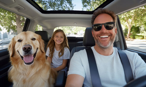 Smiling father and daughter in car with golden retriever, enjoying family road trip on a sunny day