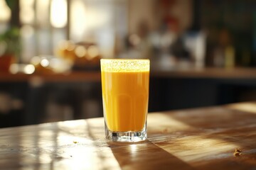 Golden turmeric latte in a glass on a wood surface, softly lit. It's perfect for health, wellness, and alternative medicine articles.
