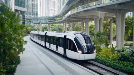 Naklejka premium Modern, urban light rail train glides through a landscaped, elevated walkway system in a city