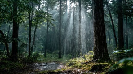 Obraz premium Rainfall through sunbeam in forest nature scene photography lush environment captured moment