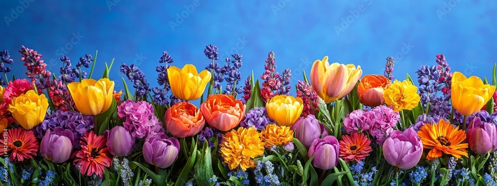 Poster a stunning array of blossoms showcases tulips in various shades of yellow, orange, and pink, accompa