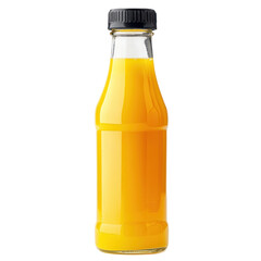 A glass juice bottle filled with orange juice, placed on a transparency background