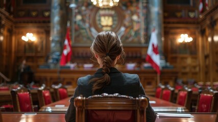 A woman sits in a formal chamber, likely a government or legal setting.