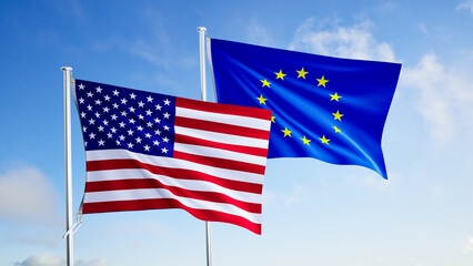 flags of union european and USA flags over blue sky background.