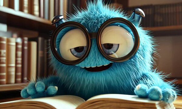 Animated little monstre reading in the library