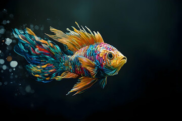 Vibrant, colorful fish gracefully swims in a dark backdrop.