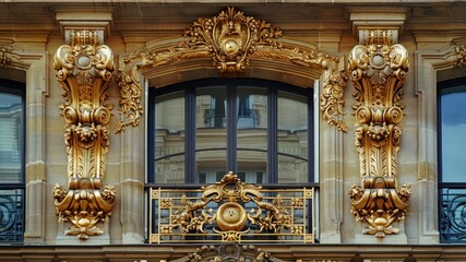 Ornate golden architecture adorns a building facade with windows and balconies.