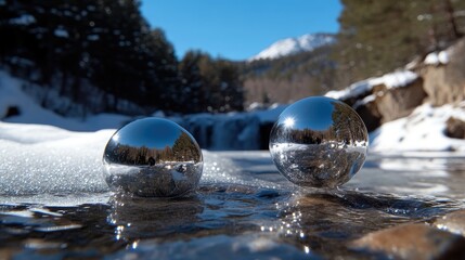 Two shiny metal spheres reflecting a winter landscape on a frozen river.