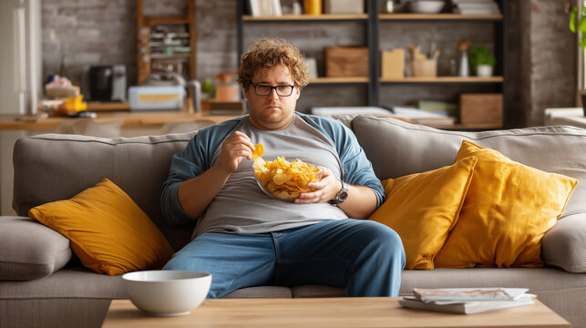 Sedentary male lounging on sofa, consuming potato chips from bowl while relaxing during weekend downtime