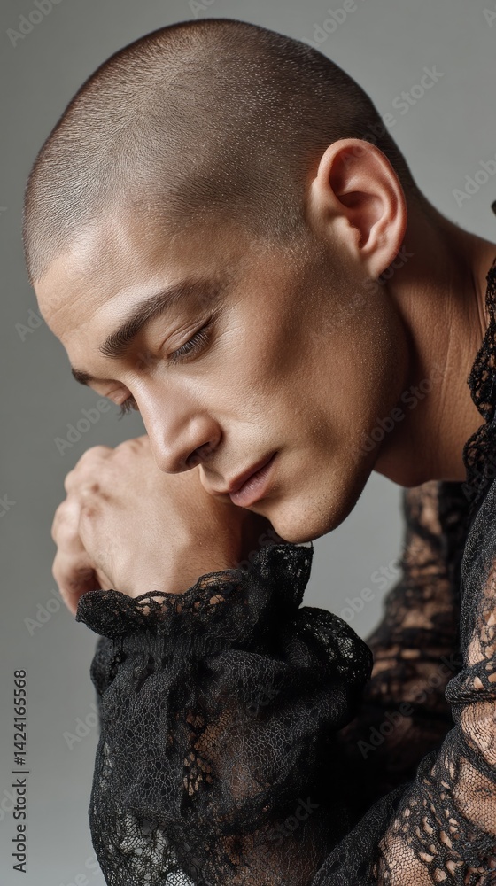 Poster a thoughtful androgynous model rests their chin on clasped hands, highlighting the striking elegance