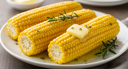 Fresh Corn On The Cob With Butter And Herbs On A White Plate