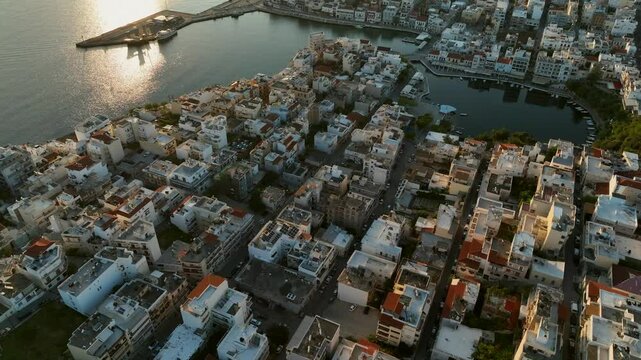 Agios Nikolaos coastal city skyline on the Greek island of Crete, Aerial view