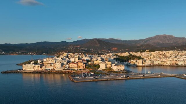 Agios Nikolaos coastal city skyline on the Greek island of Crete, Aerial view