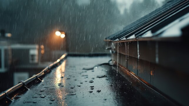 Torrential rainstorm urban rooftop realistic photograph gloomy environment close-up view atmospheric conditions