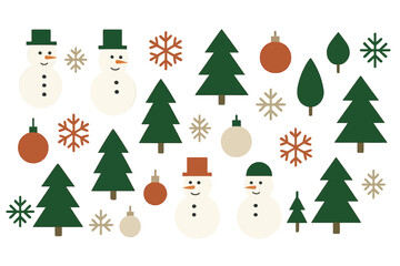 A Christmas background with a minimalist geometric design incorporates various snowmen, snowflakes, trees, and ornaments in green, red, white, and beige hues