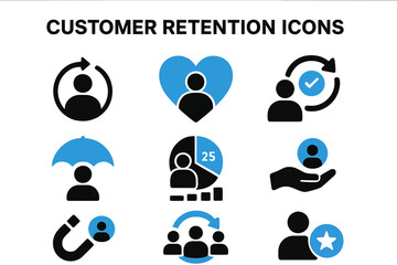Customer retention symbols are illustrated in a combination of black and blue on a white backdrop