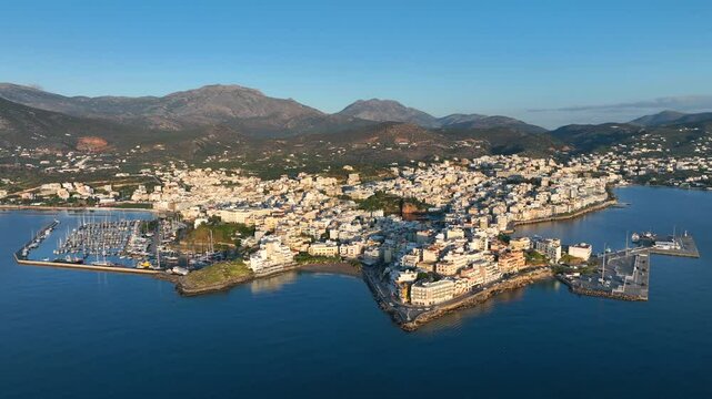 Agios Nikolaos coastal city skyline on the Greek island of Crete, Aerial view
