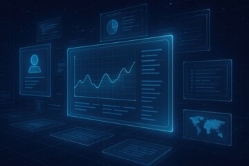 This digital image showcases a futuristic interface featuring dynamic graphs and user profiles, symbolizing data tracking and advanced analytics in a virtual environment.