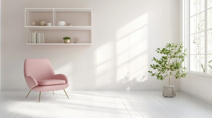 Pink Armchair  White Room  Plant  Shelf Decor  Minimalist Interior Design