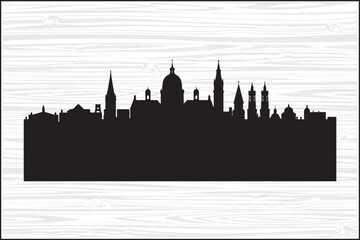 Obraz premium Historic City Skyline Silhouette Vector – Classic European ArchitectureUrban Skyline Silhouette with Domes and Towers – PNG SVG EPS BundleBlack Cityscape Silhouette of Iconic Buildings – Vector Il