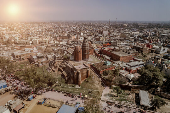 Aerial view of Shri Raas Bihari Temple during the Holy colour festival in Barsana, Uttar Pradesh, India.