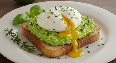 Delicious Avocado Toast Topped With A Perfectly Poached Egg And Fresh Herbs