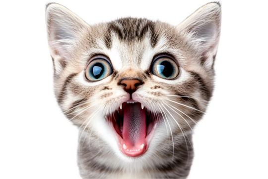 Realistic Portrait Of An Adorable Tabby Kitten With Open Mouth Isolated