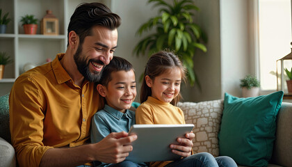 Happy father and children using digital tablet on sofa at home representing conscious safe technology use family bonding time concept for Fathers Day