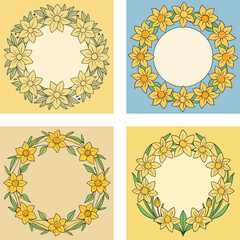 Set Of Daffodil Flower Wreaths With Leaves For Spring Design Elements