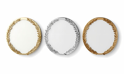 Gold, silver, bronze medals; laurel wreath design; white background; award ceremony