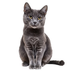 Obraz premium A gray cat sitting upright with yellow eyes and a tail visible against a black background image cat