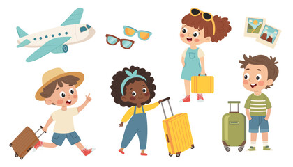 Set of summer travel icons. Cute Kids Traveling with Luggage Vector Illustration Set. little kid go traveling and feel happy