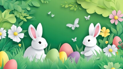 Easter egg hunt announcing poster with white paper cut bunny rabbits in spring lawn grass, hidden colored eggs, party flyer, banner or invitation template layout. Vector illustration. Place for text