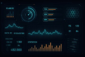 A modern digital dashboard displaying various data metrics, including graphs and statistics. Ideal for showcasing data analysis, analytics, and technology themes in presentations.