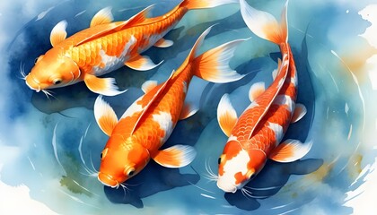 Swimming koi fish in a tranquil pond watercolor art serene environment aerial view nature
