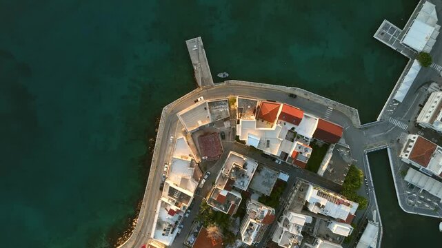 Agios Nikolaos coastal city skyline on the Greek island of Crete, Aerial view