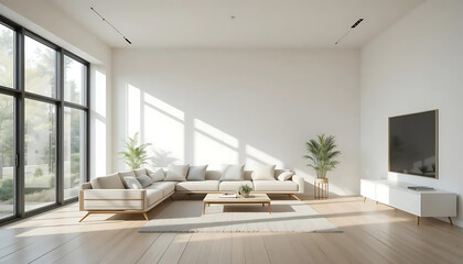 Fototapeta premium Bright Living Room with Large Windows and Minimalist Decor