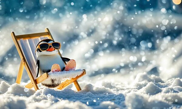 Cool pinguin enjoy the winter and snow on the chair